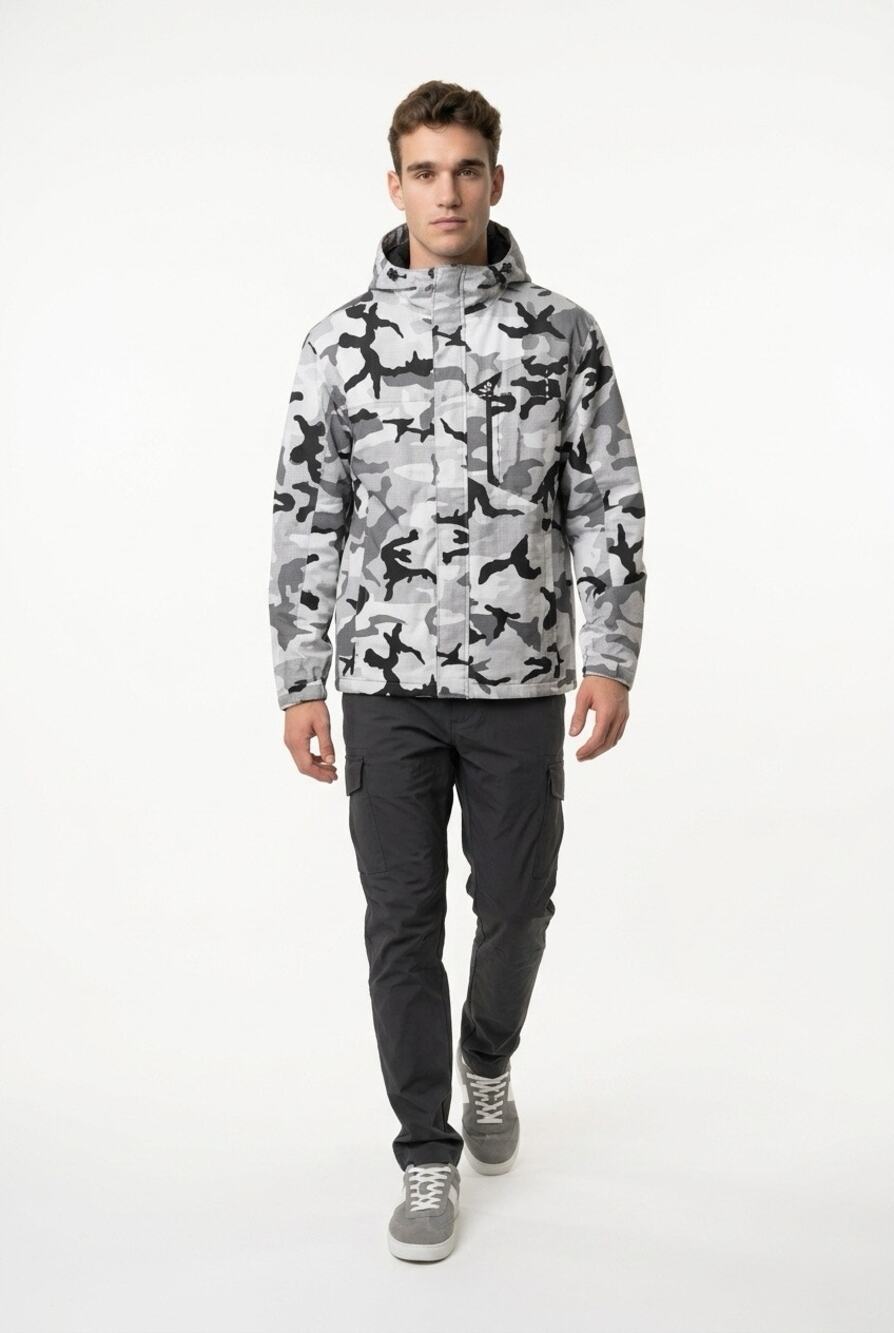 Tezo Outdoor Black Gray Camo Zip Off Detached Hood Full Zip Men's S Rain Jacket